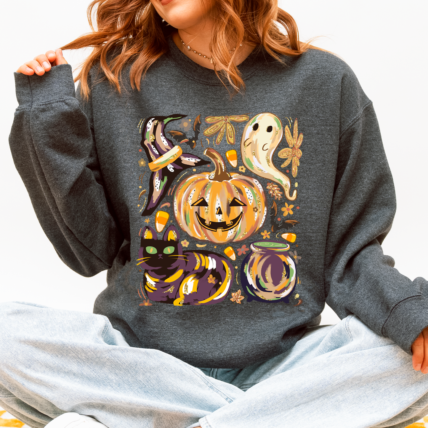 Cute Halloween Painted Sweatshirt with Pumpkin Black Cat Ghost Witch