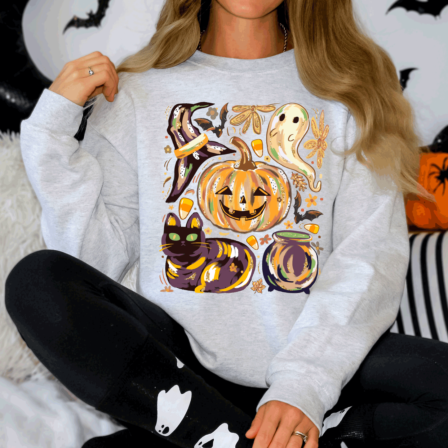 Cute Halloween Painted Sweatshirt with Pumpkin Black Cat Ghost Witch