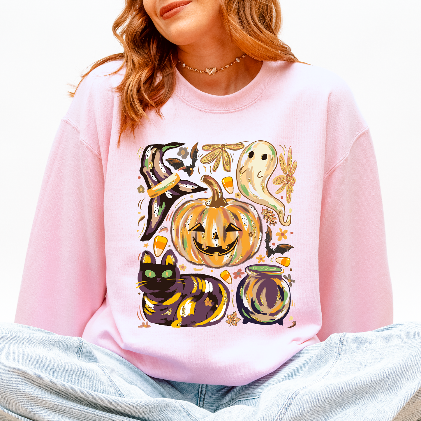 Cute Halloween Painted Sweatshirt with Pumpkin Black Cat Ghost Witch