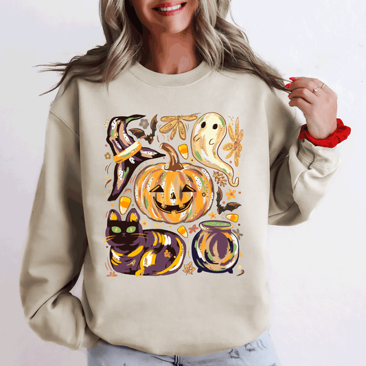 Cute Halloween Painted Sweatshirt with Pumpkin Black Cat Ghost Witch