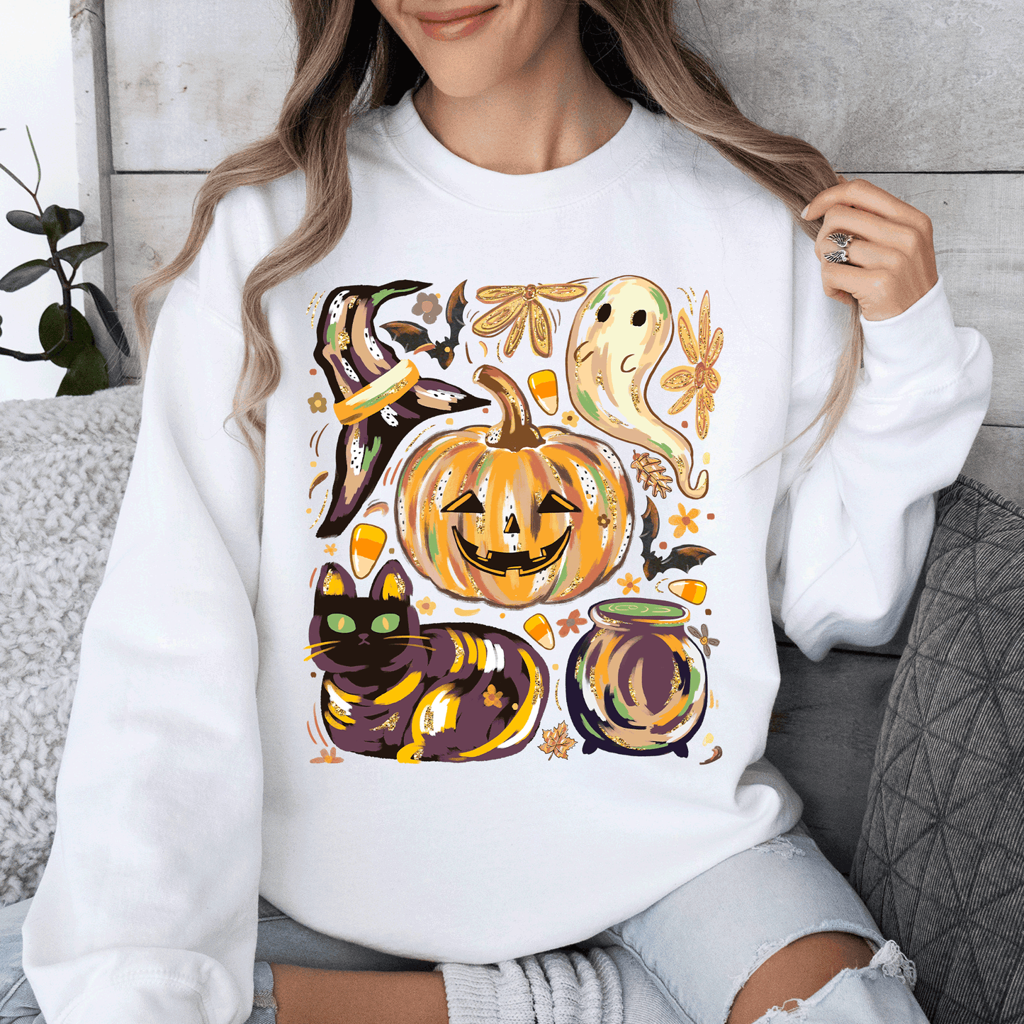 Cute Halloween Painted Sweatshirt with Pumpkin Black Cat Ghost Witch