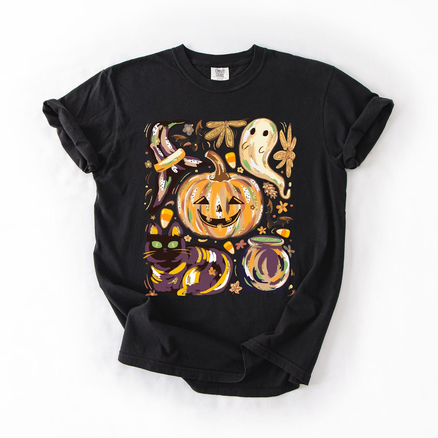 Cute Halloween Painted Comfort Colors T-Shirt with Pumpkin Black Cat Ghost Witch Designs