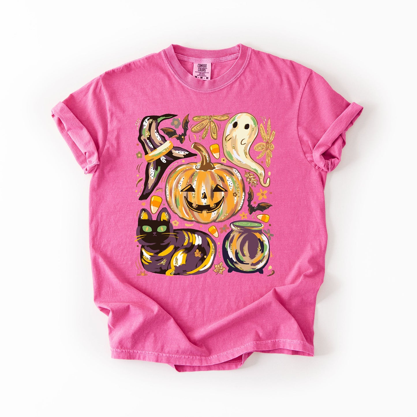 Cute Halloween Painted Comfort Colors T-Shirt with Pumpkin Black Cat Ghost Witch Designs