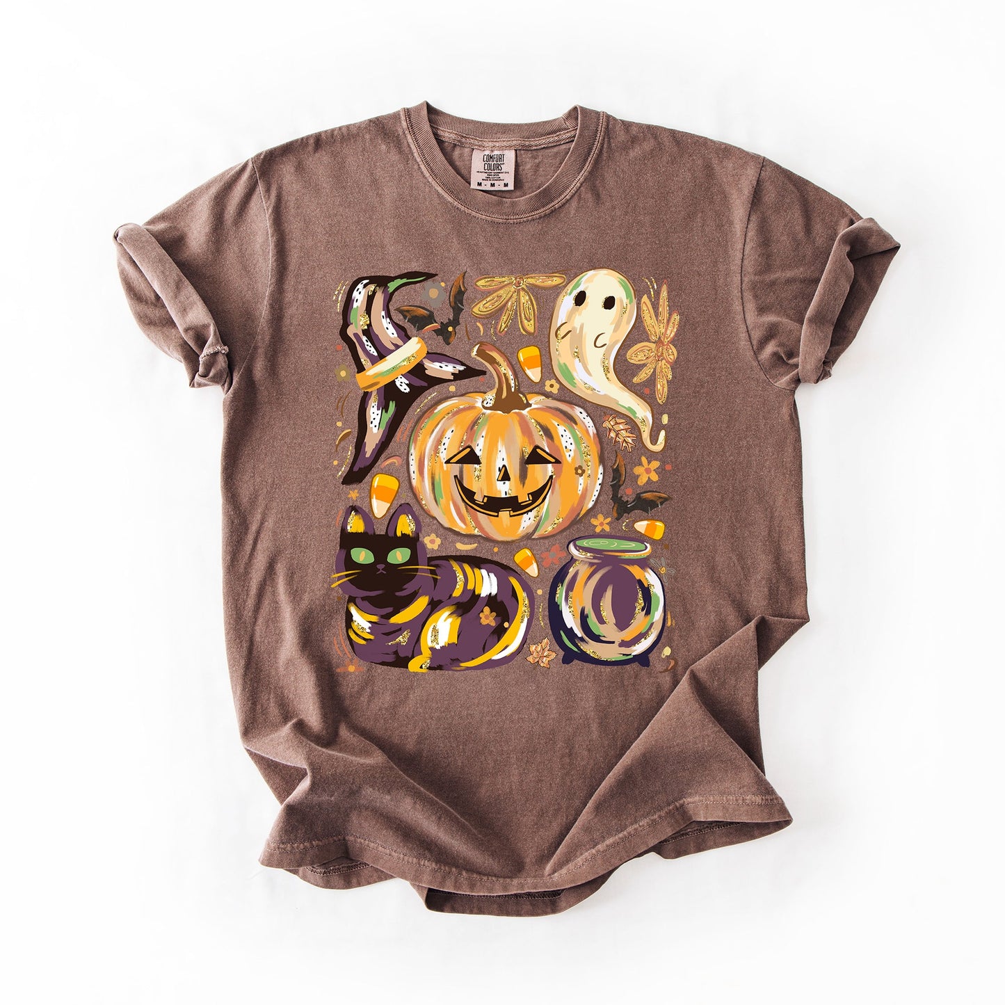 Cute Halloween Painted Comfort Colors T-Shirt with Pumpkin Black Cat Ghost Witch Designs
