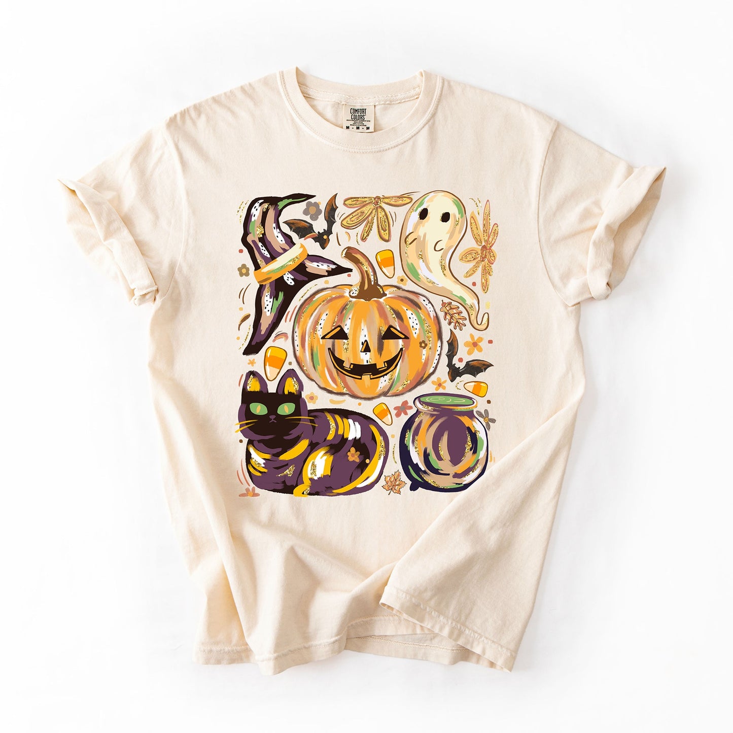 Cute Halloween Painted Comfort Colors T-Shirt with Pumpkin Black Cat Ghost Witch Designs