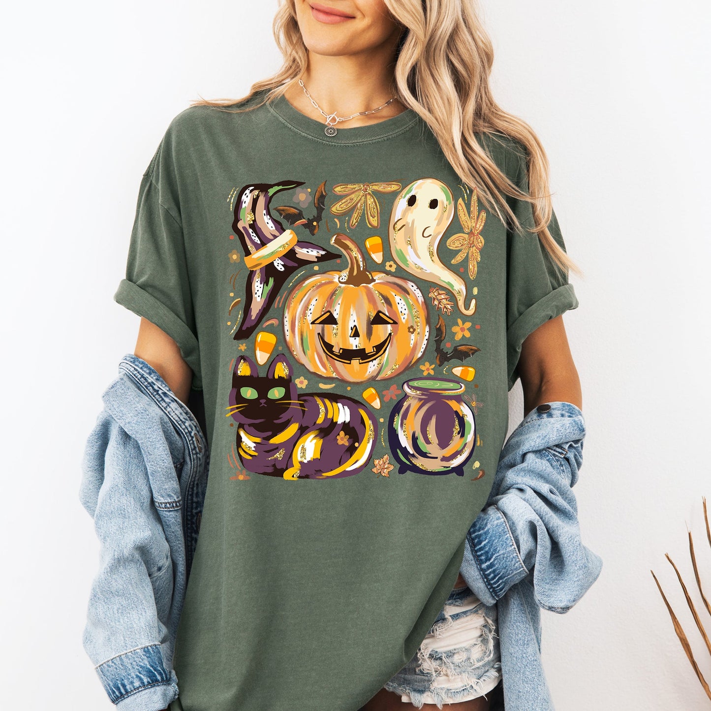 Cute Halloween Painted Comfort Colors T-Shirt with Pumpkin Black Cat Ghost Witch Designs