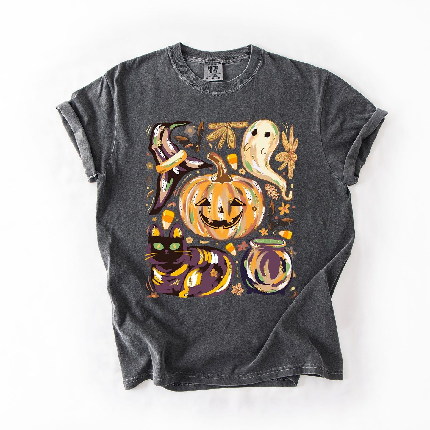 Cute Halloween Painted Comfort Colors T-Shirt with Pumpkin Black Cat Ghost Witch Designs
