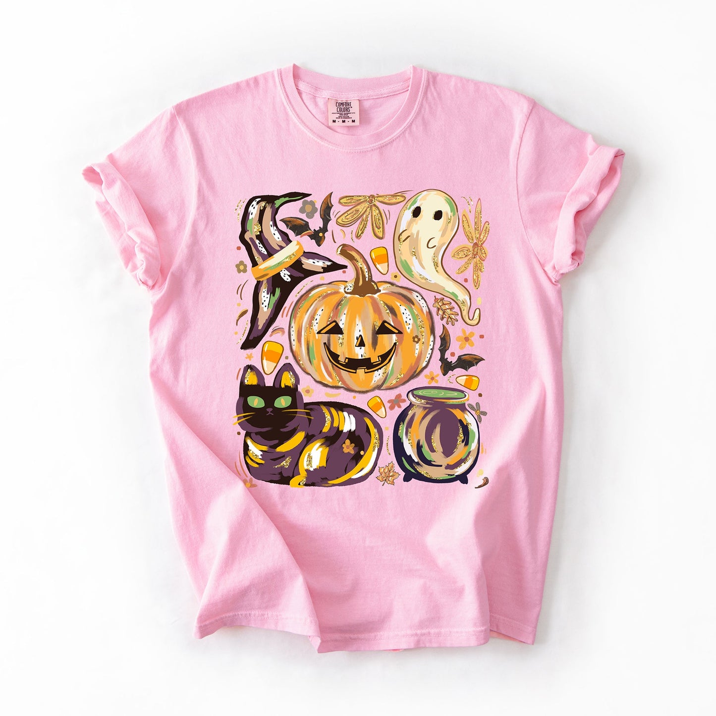 Cute Halloween Painted Comfort Colors T-Shirt with Pumpkin Black Cat Ghost Witch Designs