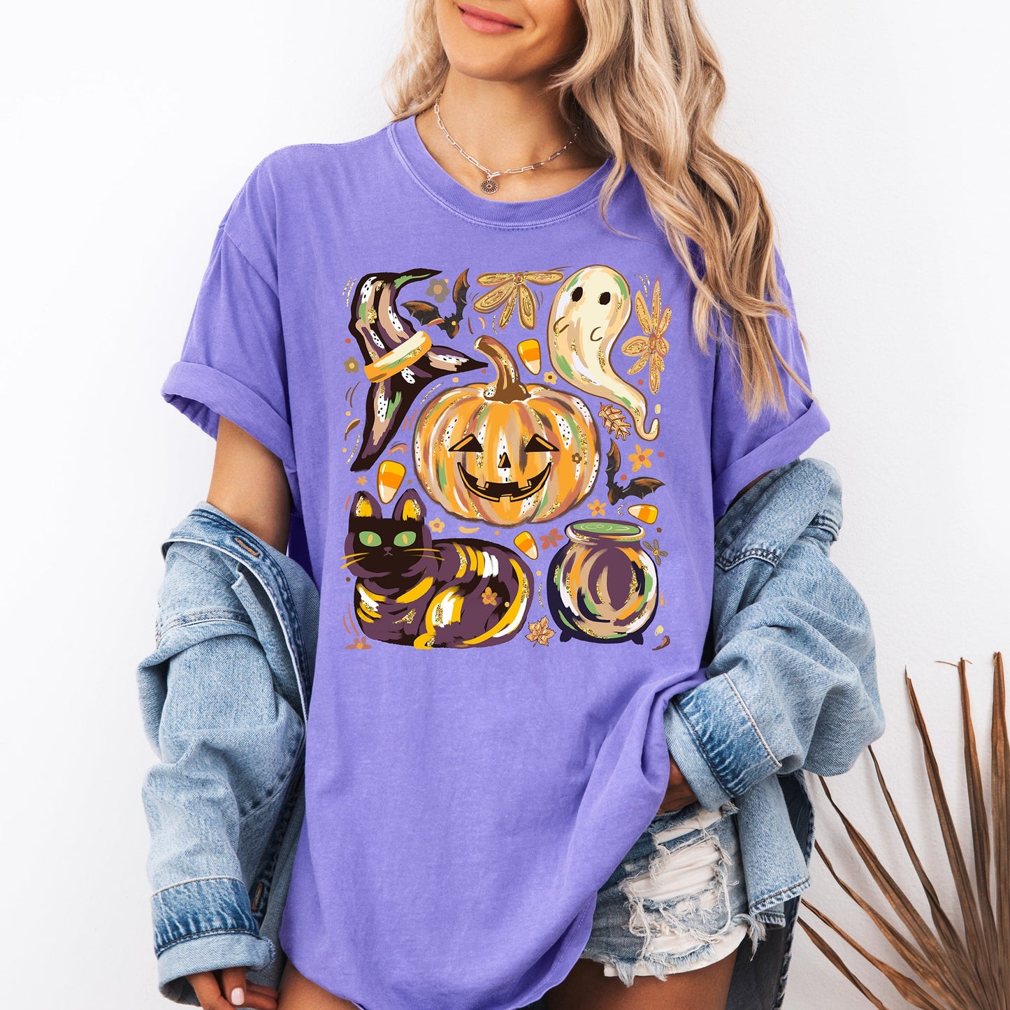 Cute Halloween Painted Comfort Colors T-Shirt with Pumpkin Black Cat Ghost Witch Designs
