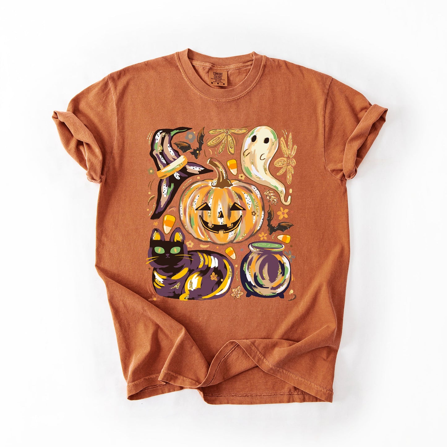 Cute Halloween Painted Comfort Colors T-Shirt with Pumpkin Black Cat Ghost Witch Designs