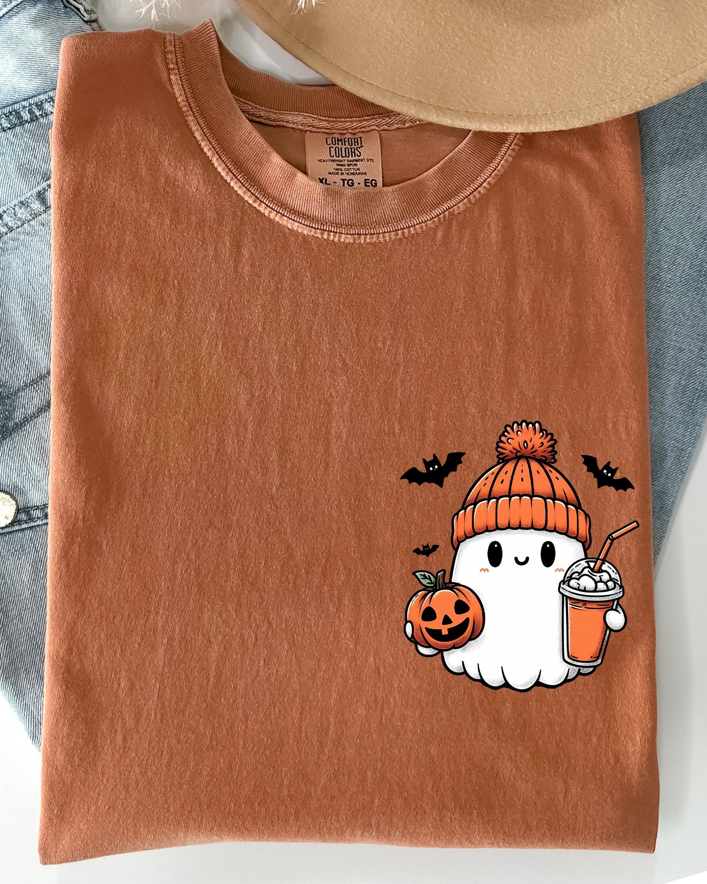 Cute Orange Ghost Pocket Print Comfort Colors T-Shirt