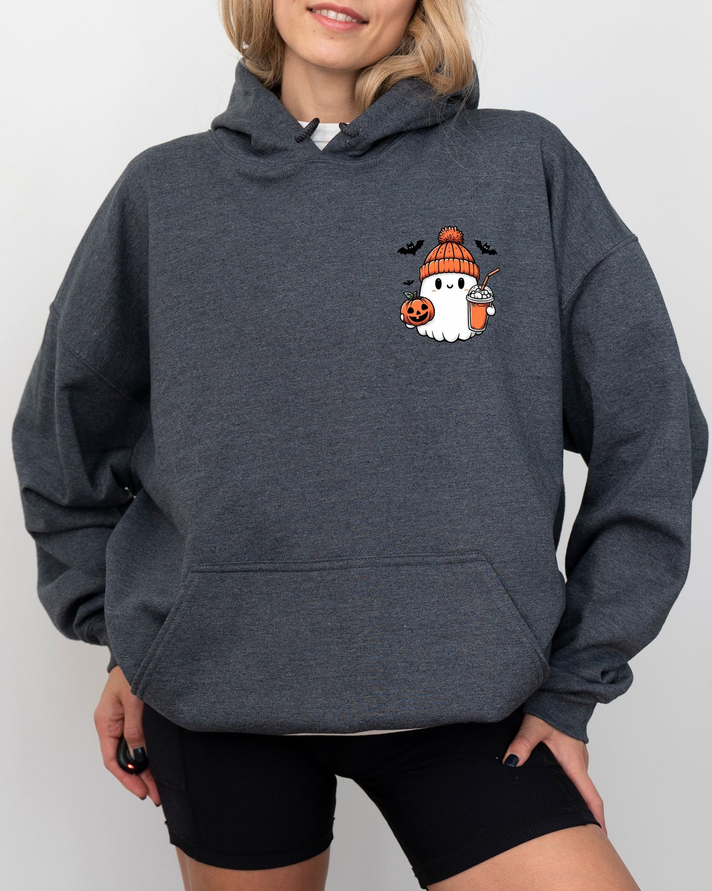 Cute Orange Ghost Pocket Print Hooded Sweatshirt Halloween Coffee Bats