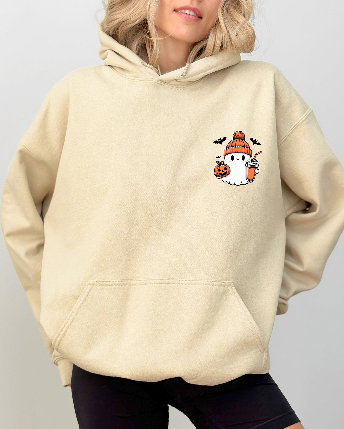 Cute Orange Ghost Pocket Print Hooded Sweatshirt Halloween Coffee Bats