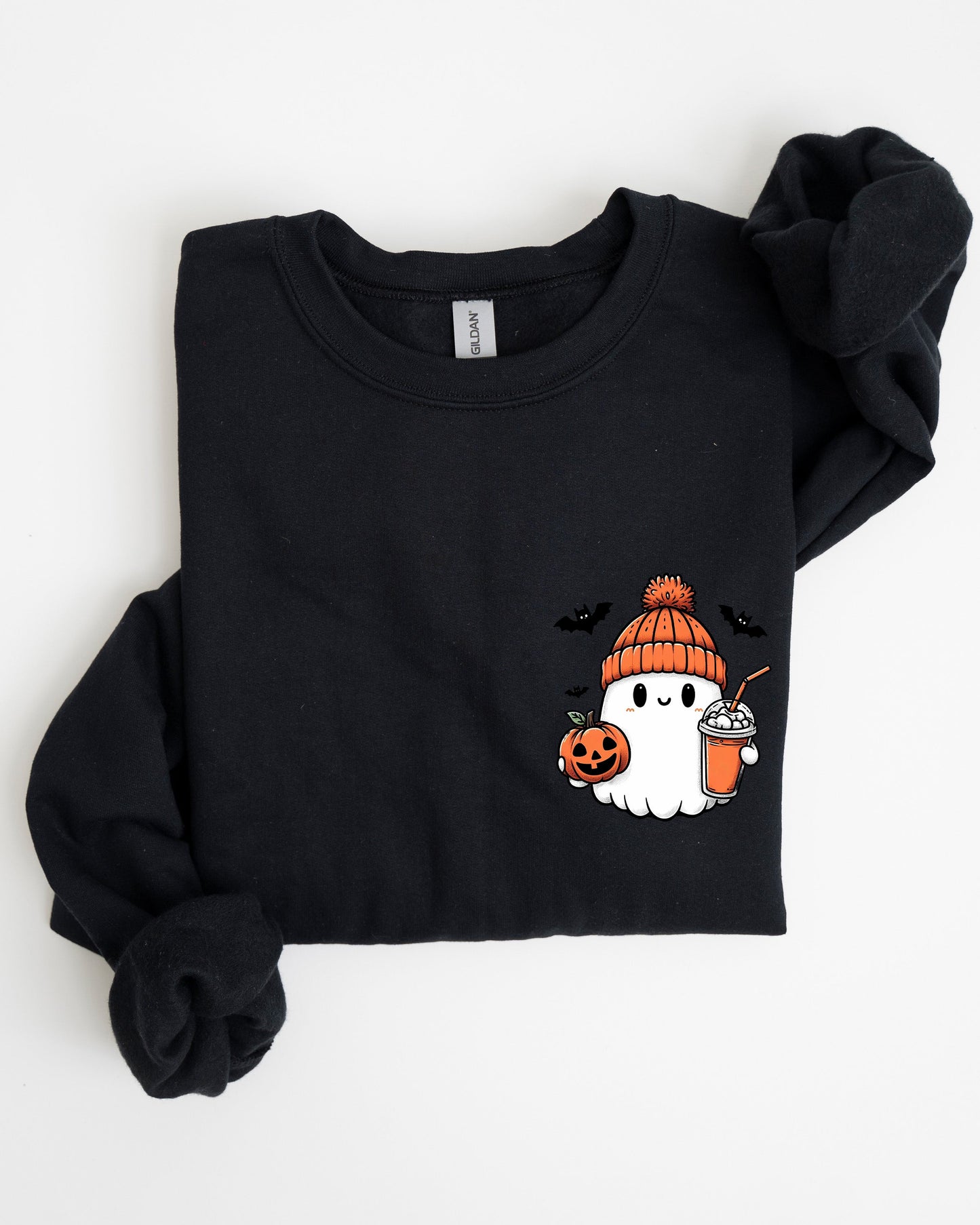 Cute Orange Ghost Pocket Print Halloween Coffee Bats Sweatshirt