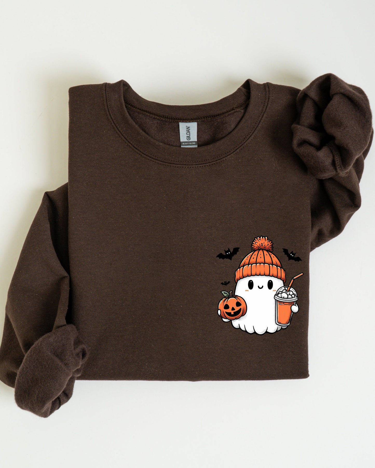 Cute Orange Ghost Pocket Print Halloween Coffee Bats Sweatshirt