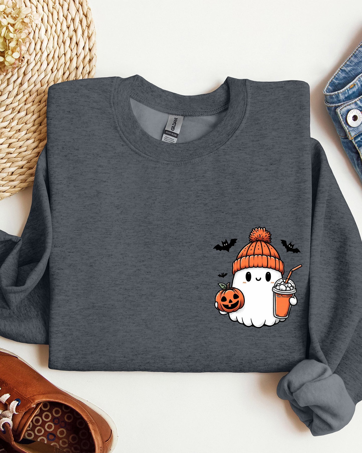 Cute Orange Ghost Pocket Print Halloween Coffee Bats Sweatshirt
