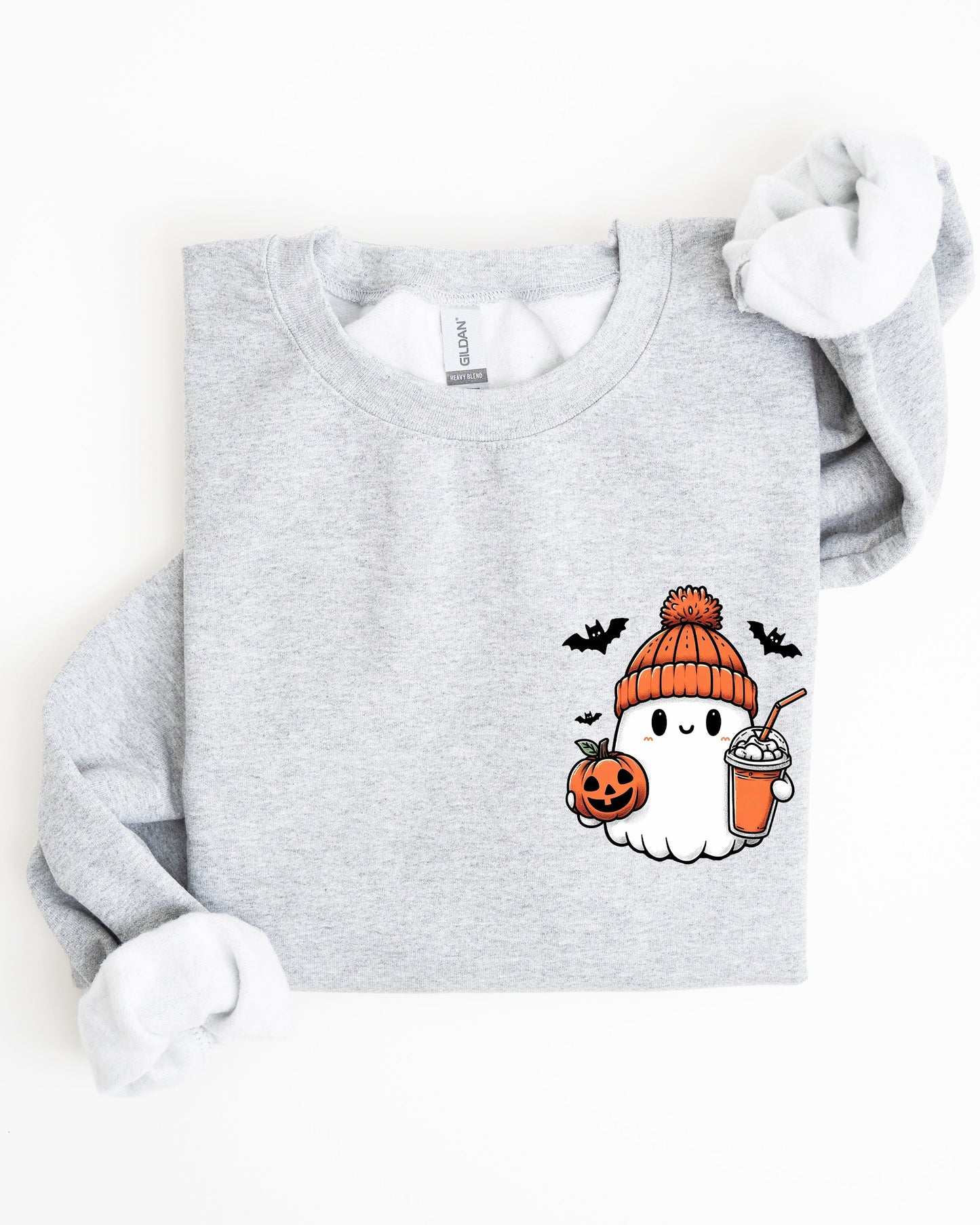 Cute Orange Ghost Pocket Print Halloween Coffee Bats Sweatshirt