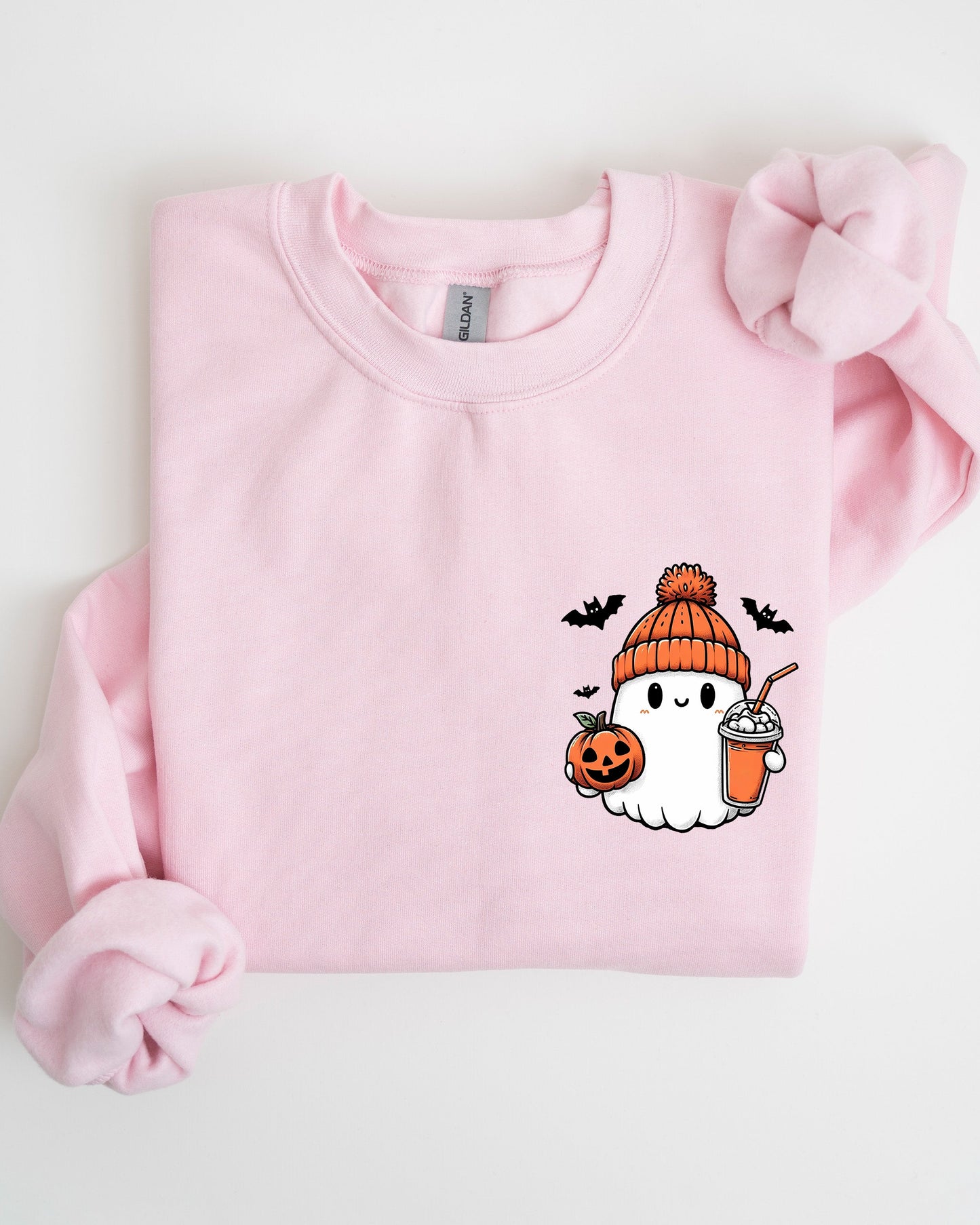 Cute Orange Ghost Pocket Print Halloween Coffee Bats Sweatshirt