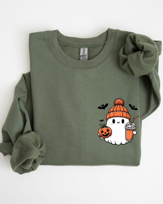 Cute Orange Ghost Pocket Print Halloween Coffee Bats Sweatshirt