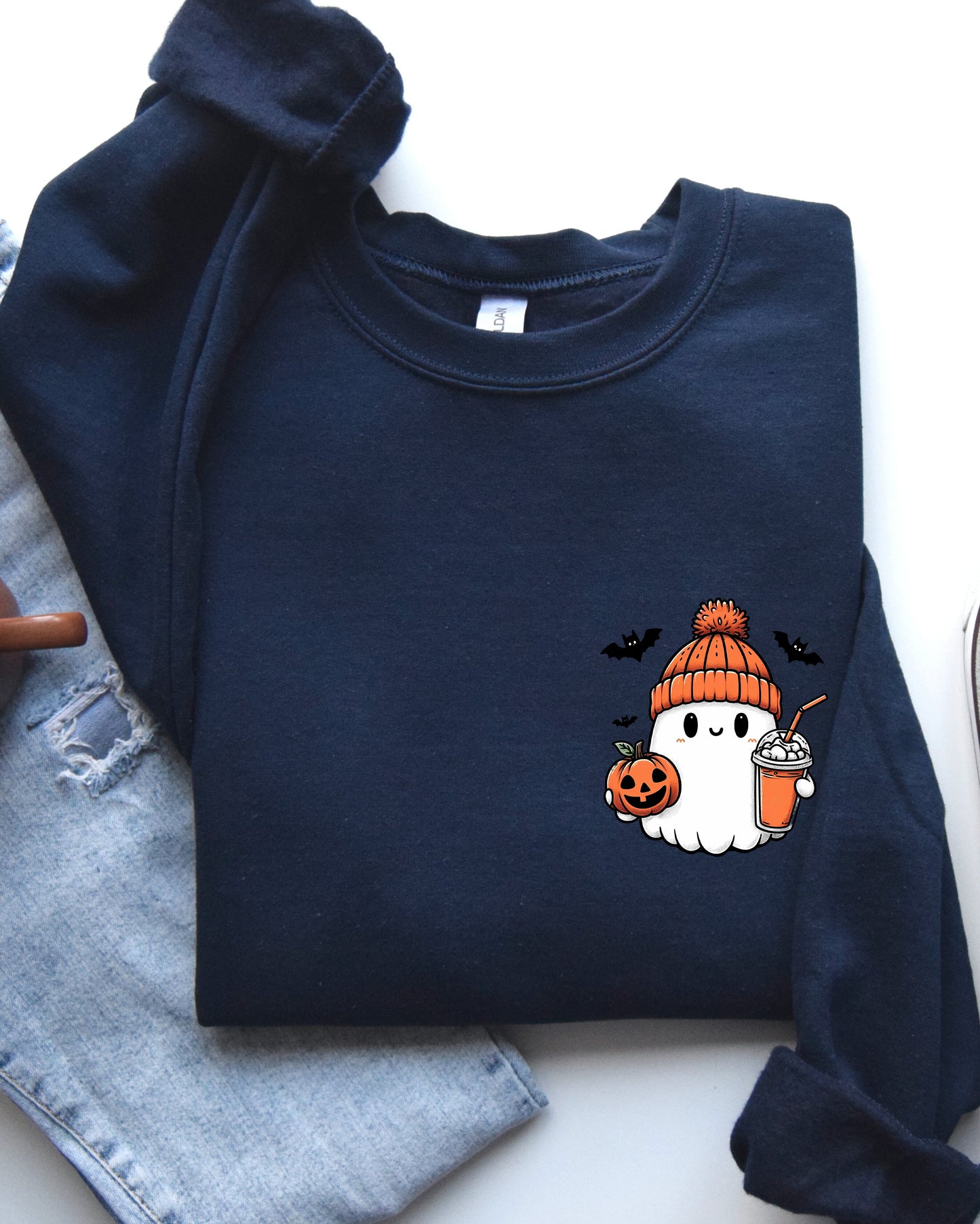 Cute Orange Ghost Pocket Print Halloween Coffee Bats Sweatshirt
