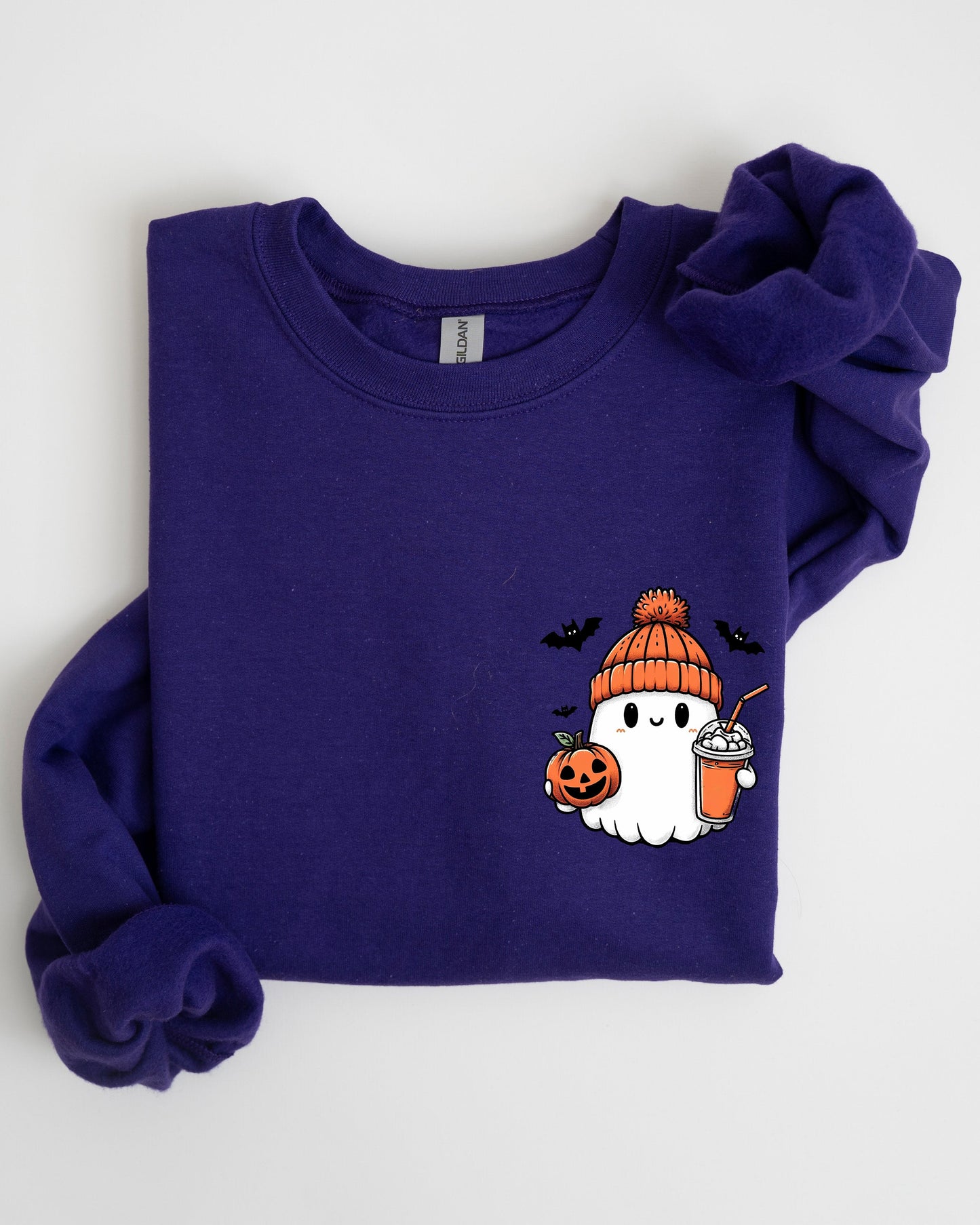 Cute Orange Ghost Pocket Print Halloween Coffee Bats Sweatshirt