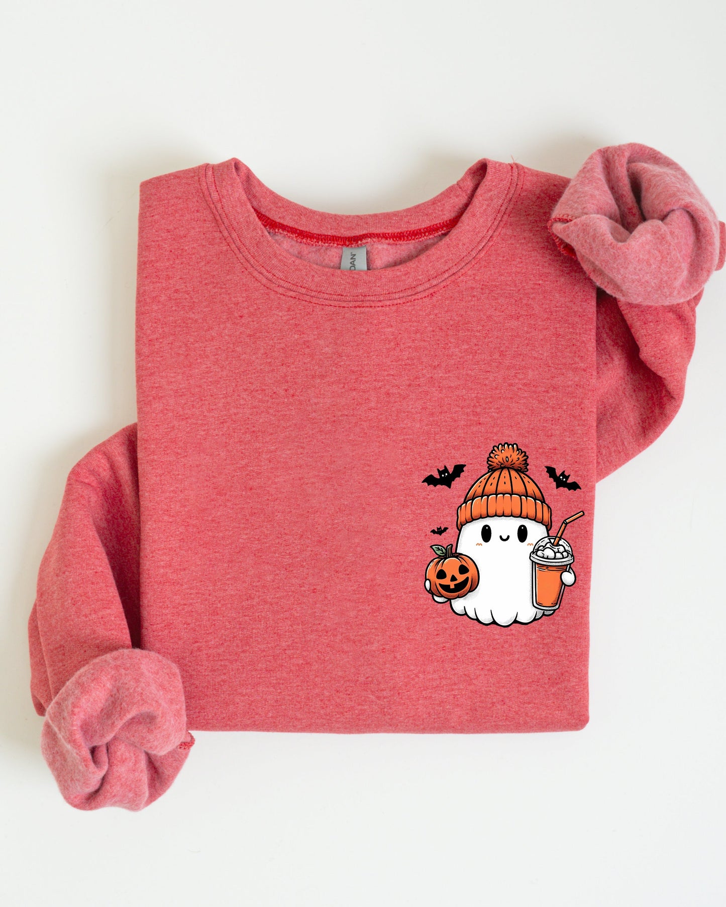 Cute Orange Ghost Pocket Print Halloween Coffee Bats Sweatshirt