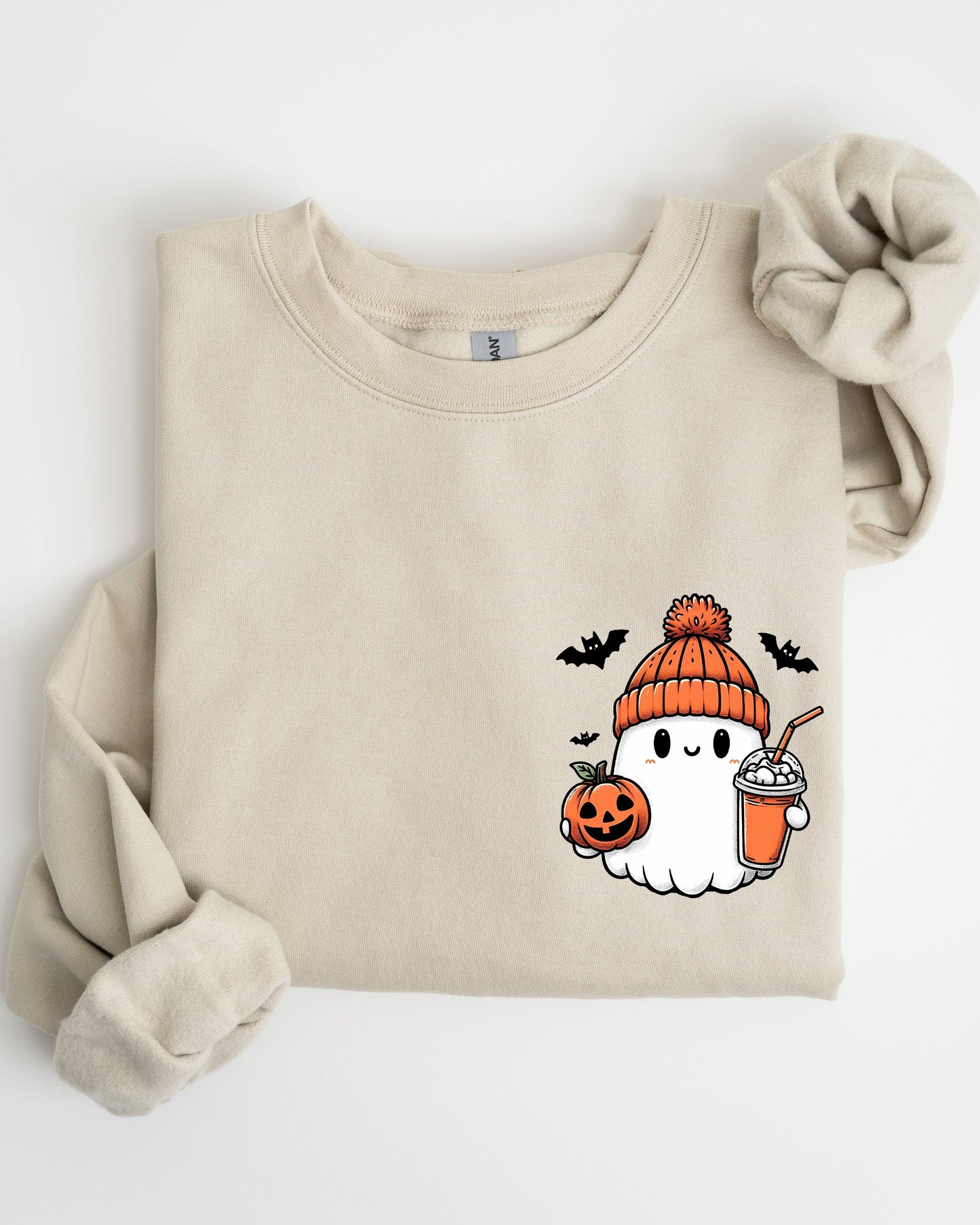 Cute Orange Ghost Pocket Print Halloween Coffee Bats Sweatshirt