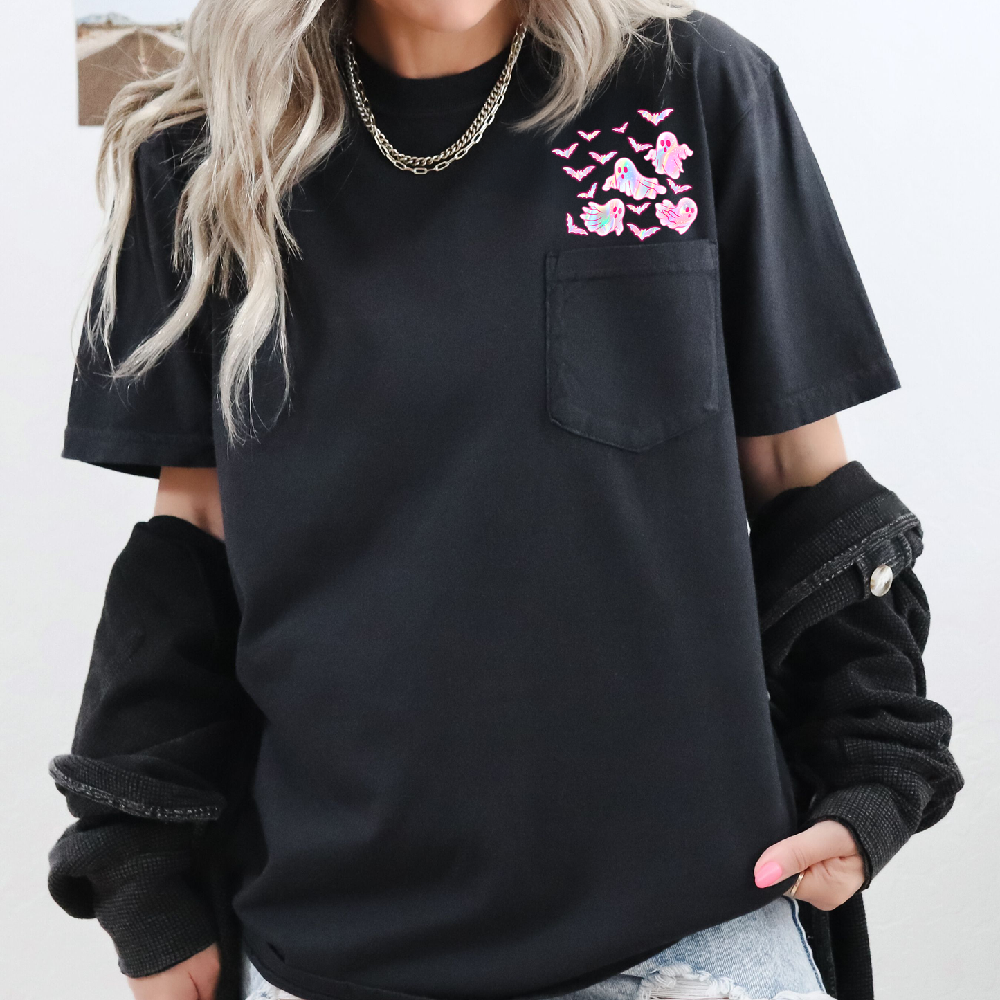 Cute Pastel Ghosts Pocket Print T-Shirt Comfort Colors Pocket T-Shirt Refinery Number One