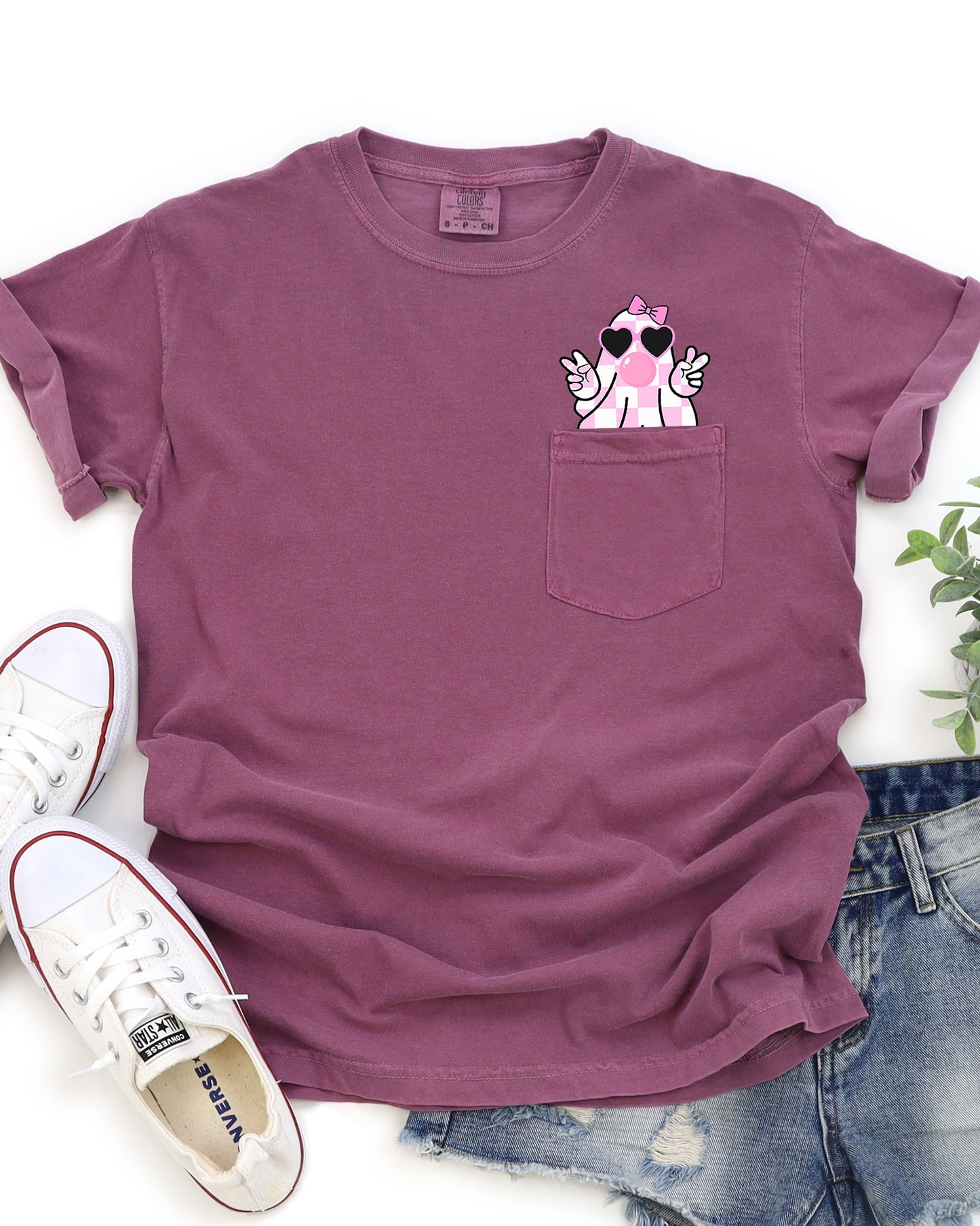 Pink Bubblegum Ghost Graphic Pocket Tee Comfort Colors T-Shirt