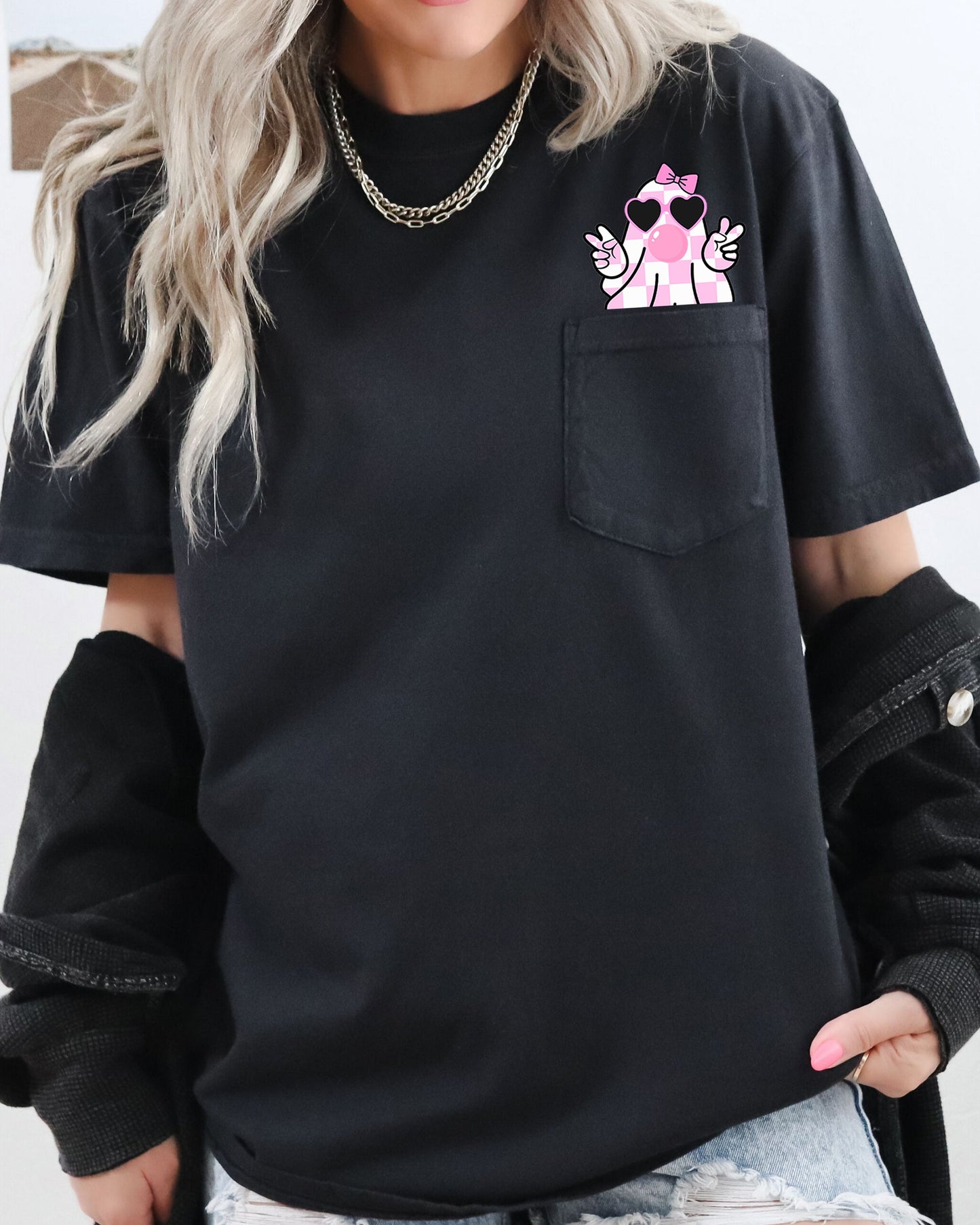 Pink Bubblegum Ghost Graphic Pocket Tee Comfort Colors T-Shirt