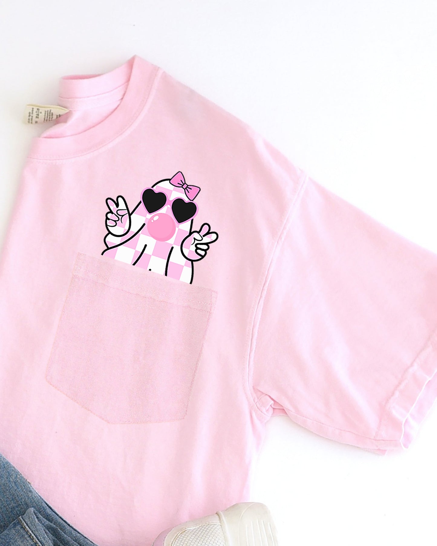 Pink Bubblegum Ghost Graphic Pocket Tee Comfort Colors T-Shirt