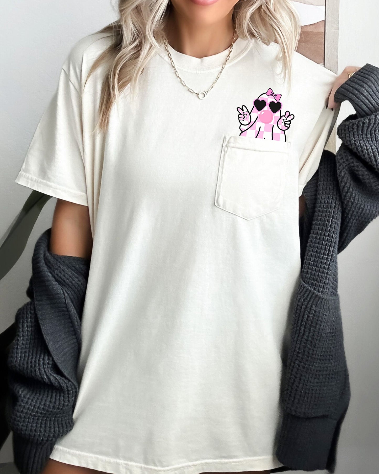 Pink Bubblegum Ghost Graphic Pocket Tee Comfort Colors T-Shirt