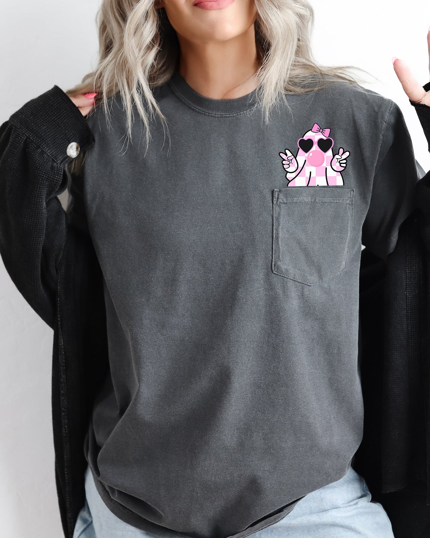 Pink Bubblegum Ghost Graphic Pocket Tee Comfort Colors T-Shirt
