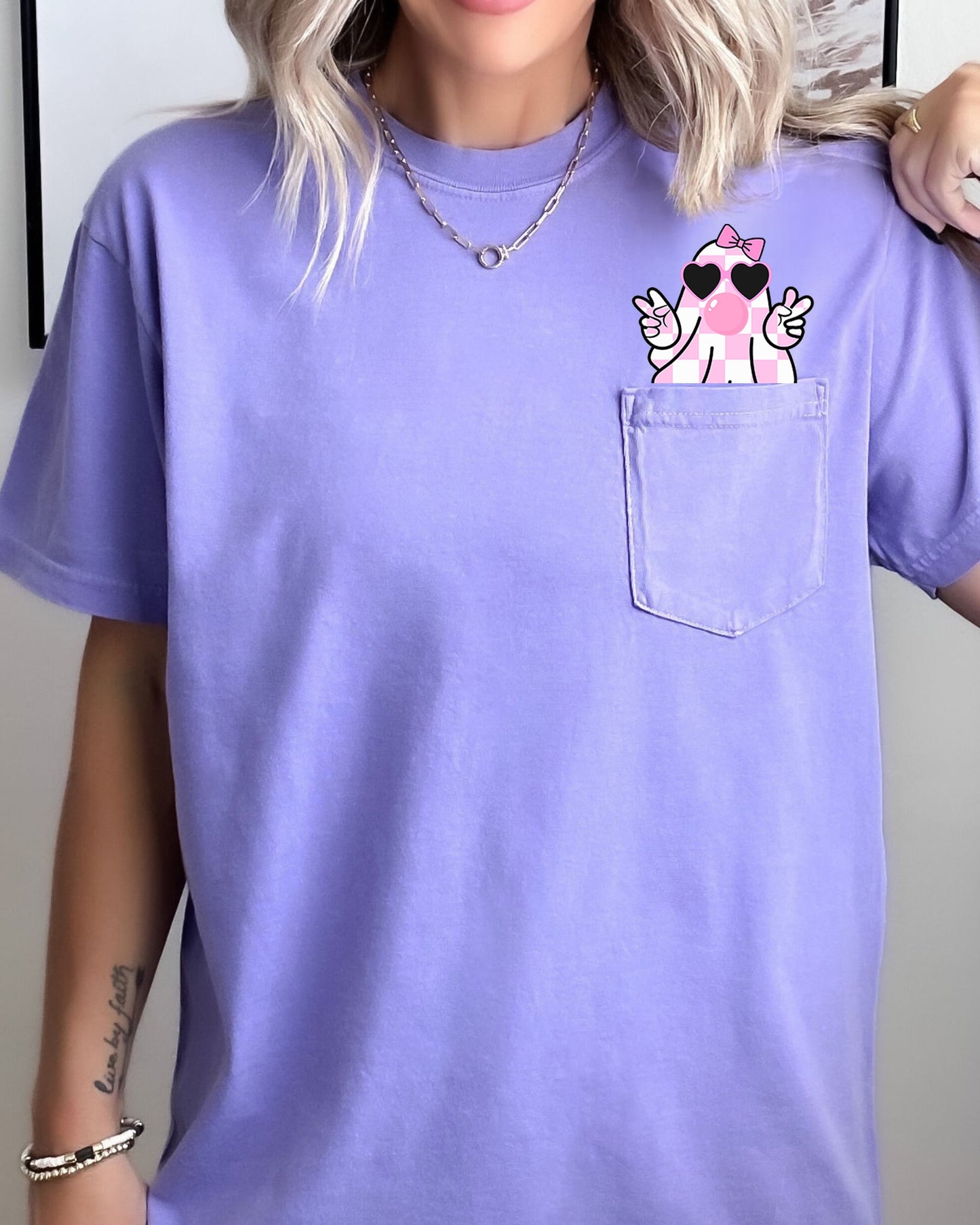 Pink Bubblegum Ghost Graphic Pocket Tee Comfort Colors T-Shirt