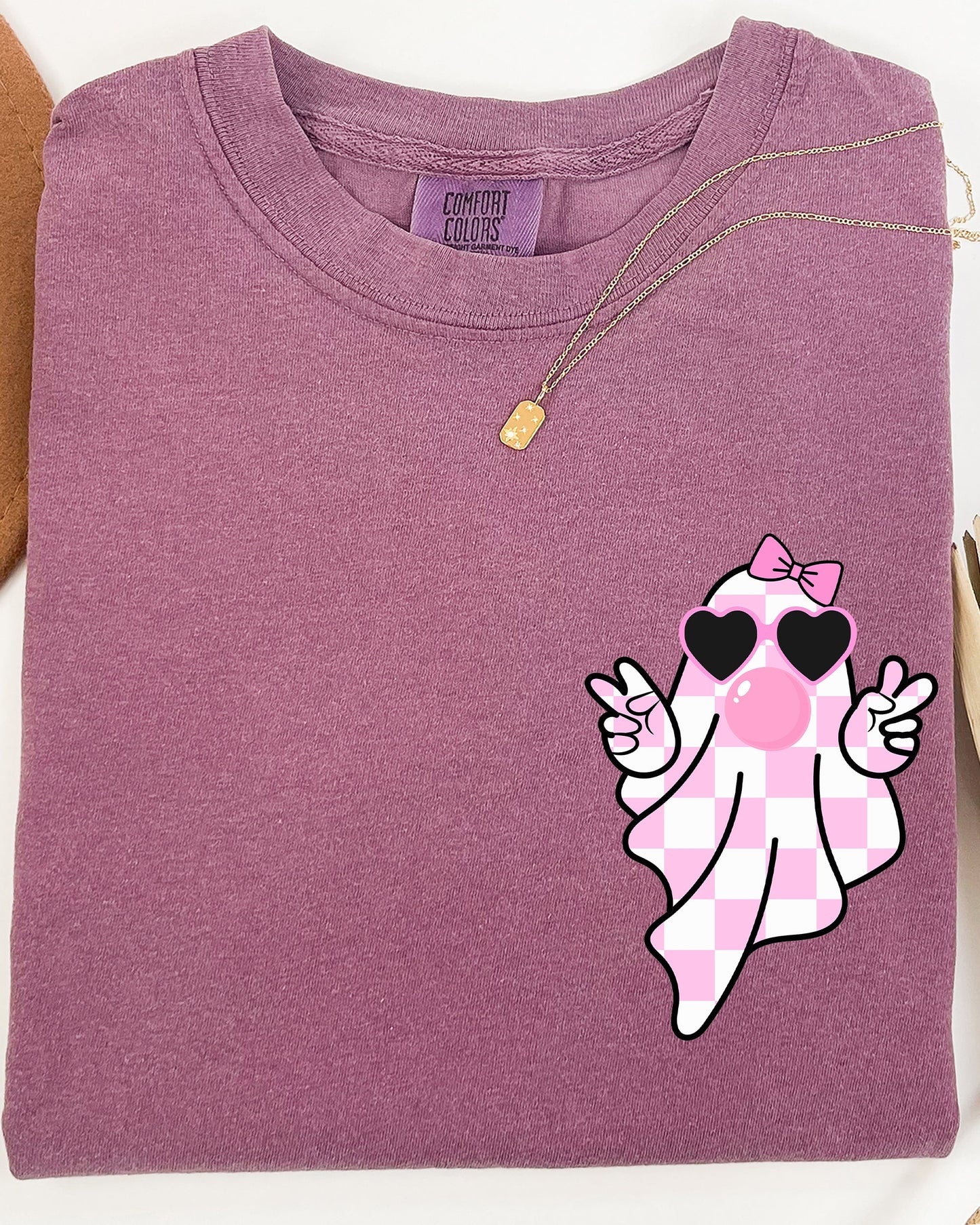 Cute Pink Bubblegum Ghost Pocket Print Comfort Colors T-Shirt