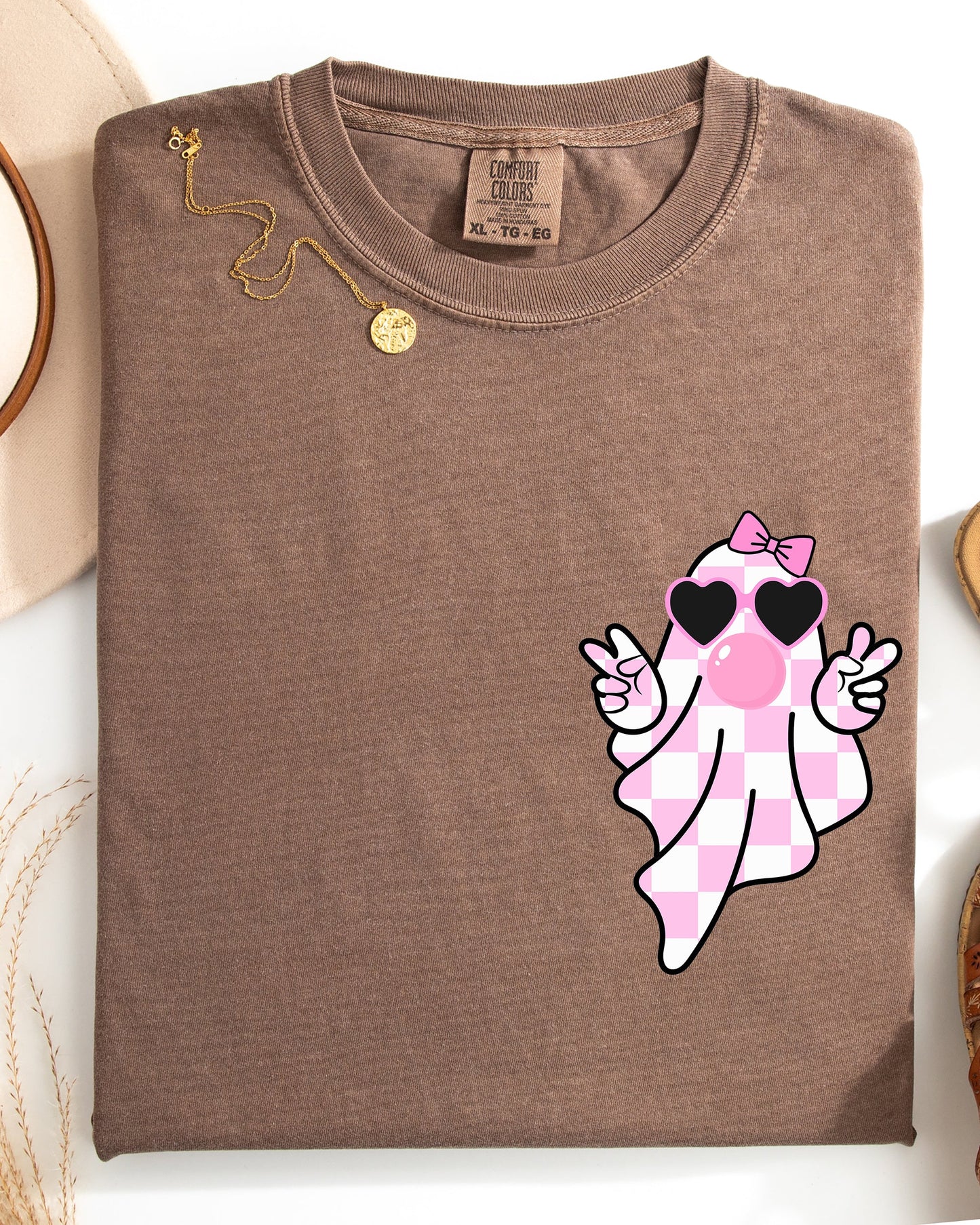 Cute Pink Bubblegum Ghost Pocket Print Comfort Colors T-Shirt
