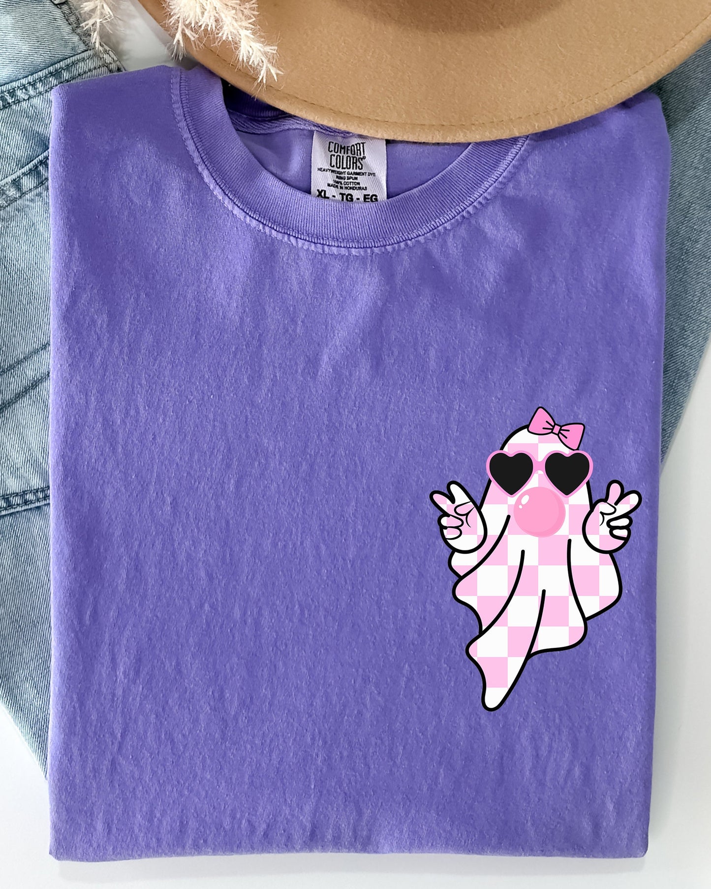 Cute Pink Bubblegum Ghost Pocket Print Comfort Colors T-Shirt
