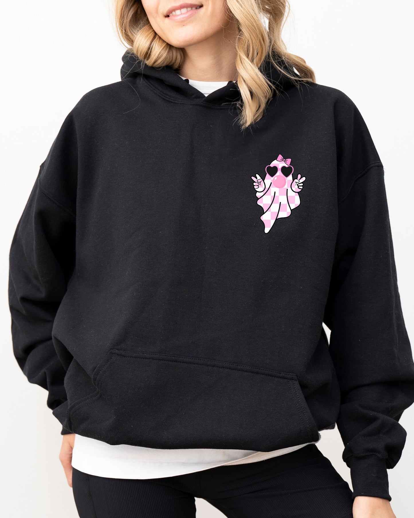 Cute Pink Bubblegum Ghost Pocket Print Hooded Sweatshirt