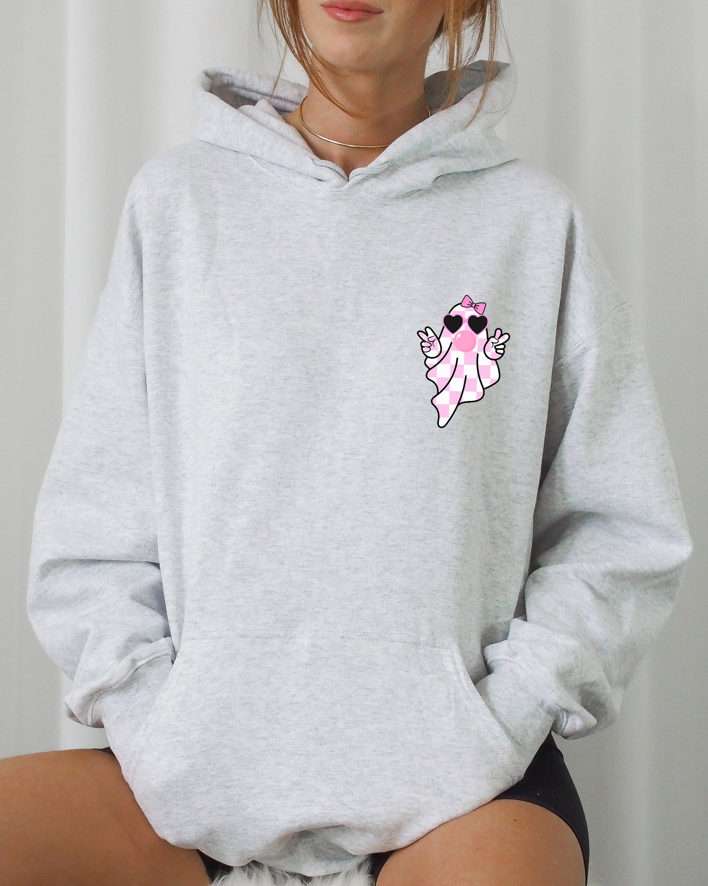 Cute Pink Bubblegum Ghost Pocket Print Hooded Sweatshirt
