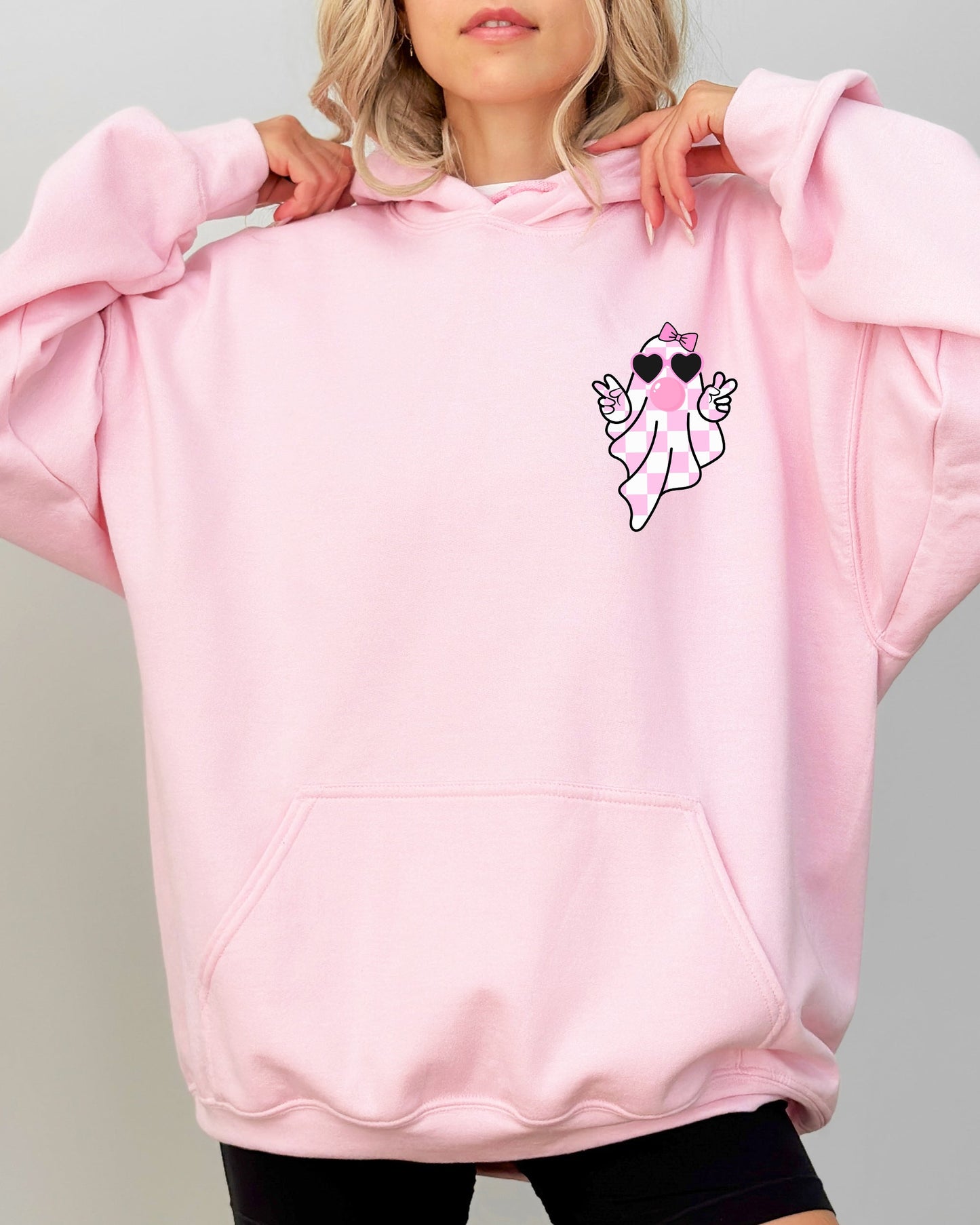 Cute Pink Bubblegum Ghost Pocket Print Hooded Sweatshirt