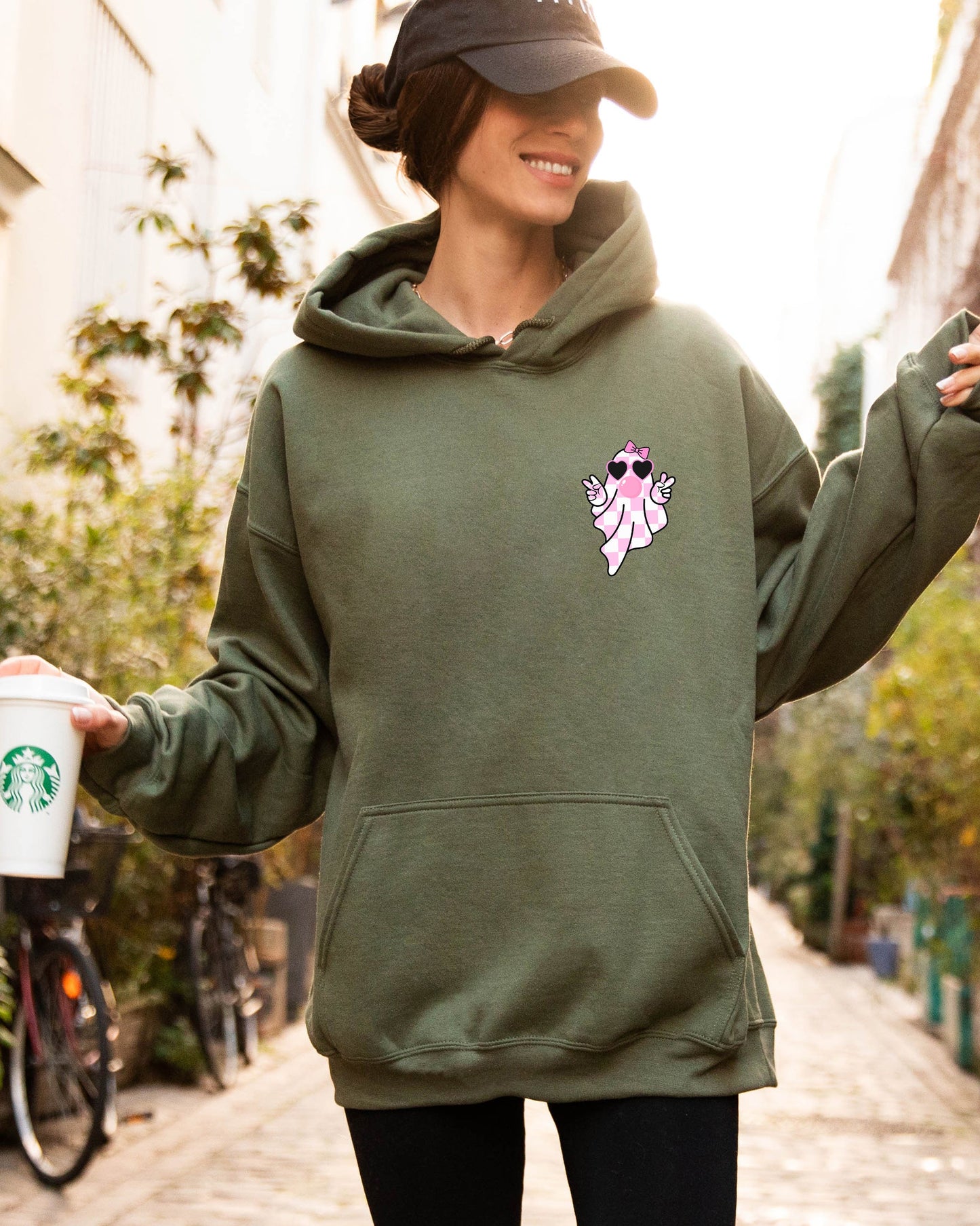 Cute Pink Bubblegum Ghost Pocket Print Hooded Sweatshirt