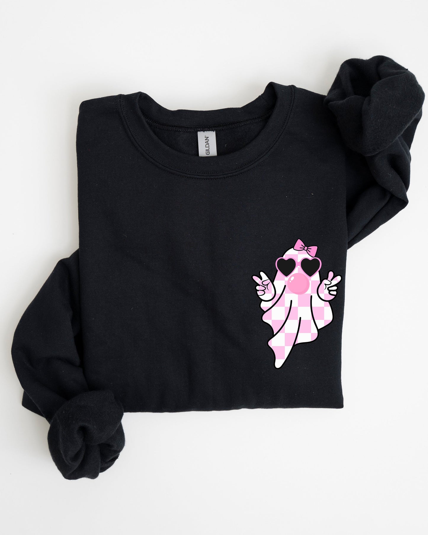 Pink Bubblegum Ghost Pocket Print Sweatshirt Halloween Peace Bow Ribbon