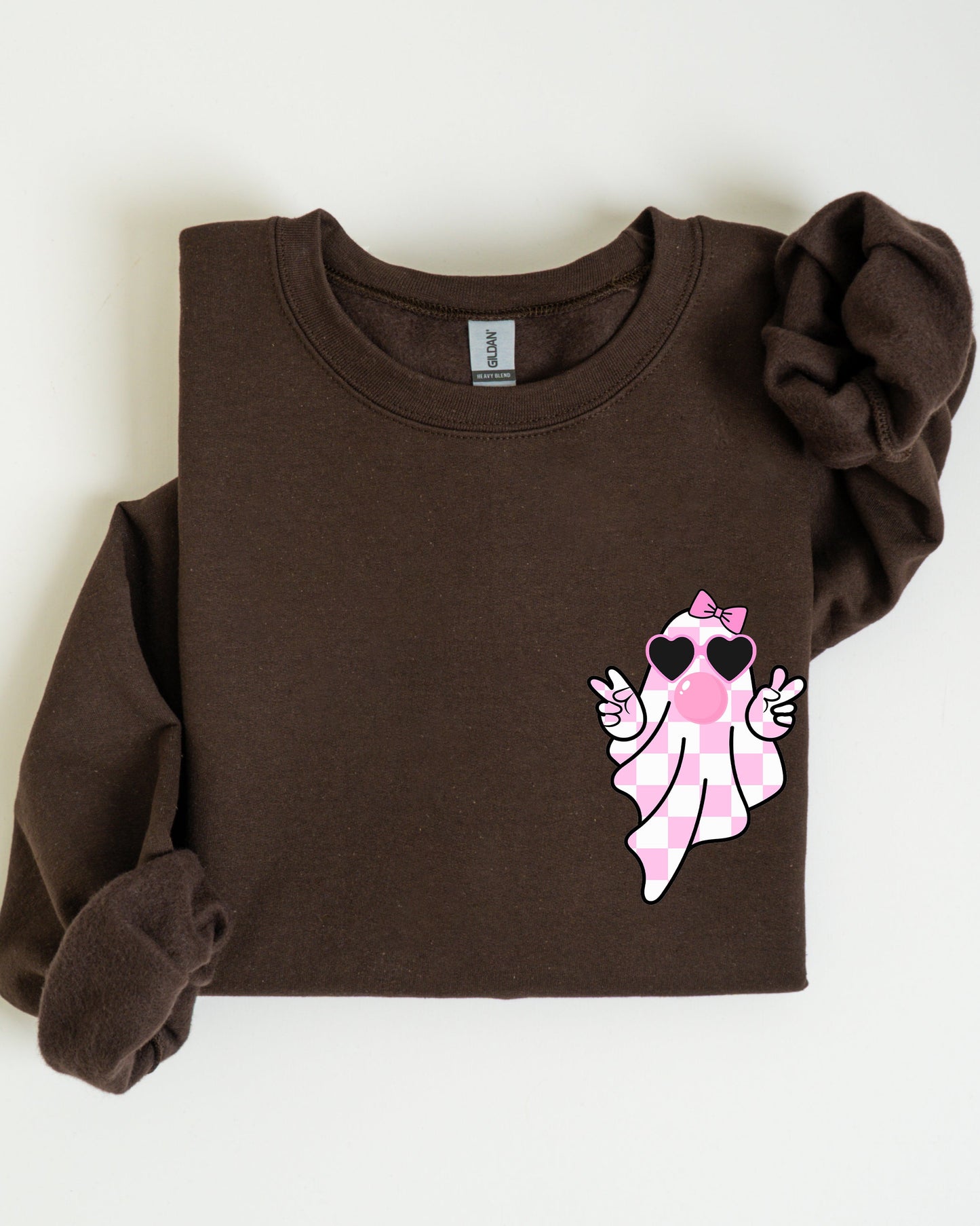 Pink Bubblegum Ghost Pocket Print Sweatshirt Halloween Peace Bow Ribbon