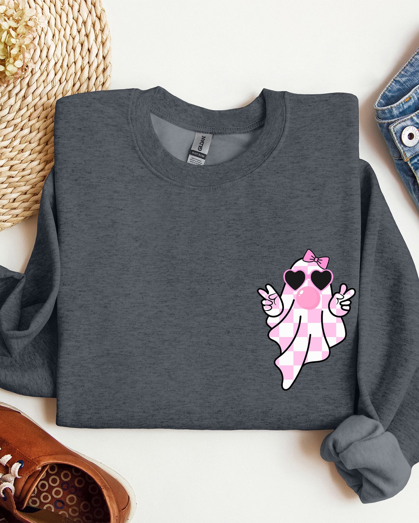 Pink Bubblegum Ghost Pocket Print Sweatshirt Halloween Peace Bow Ribbon
