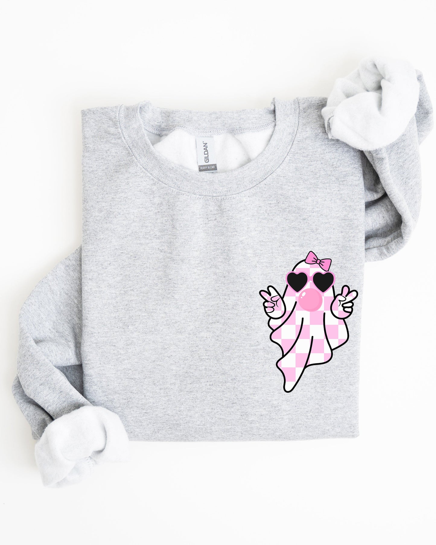 Pink Bubblegum Ghost Pocket Print Sweatshirt Halloween Peace Bow Ribbon