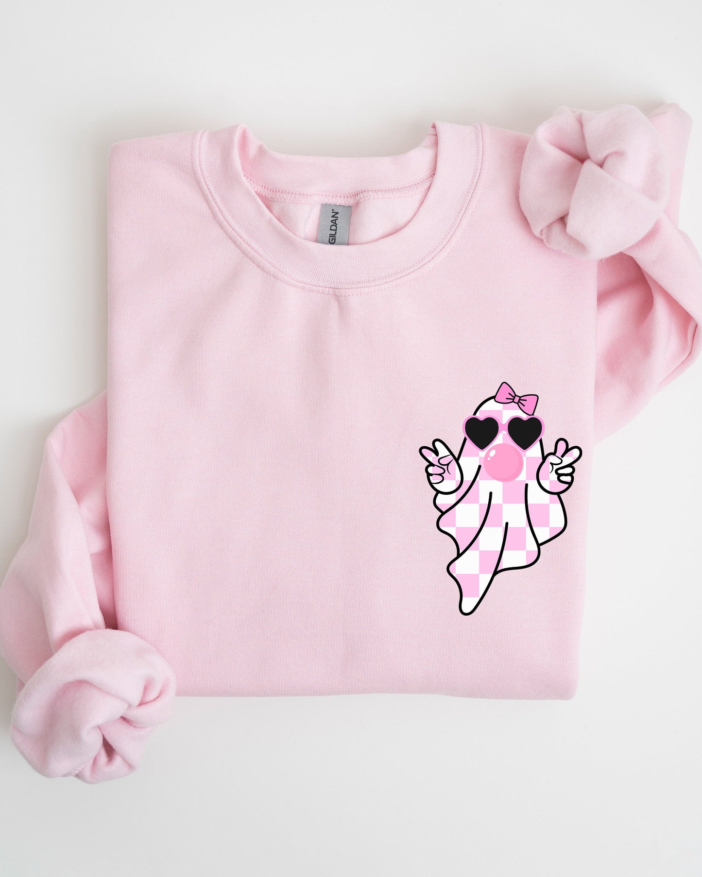 Pink Bubblegum Ghost Pocket Print Sweatshirt Halloween Peace Bow Ribbon