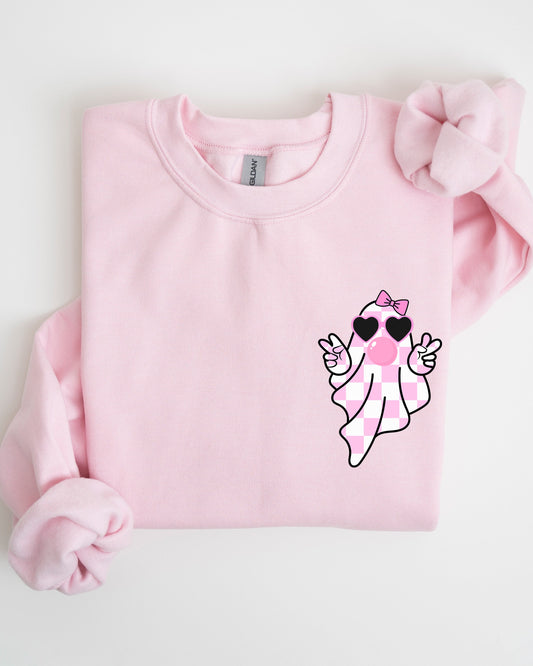 Pink Bubblegum Ghost Pocket Print Sweatshirt Halloween Peace Bow Ribbon