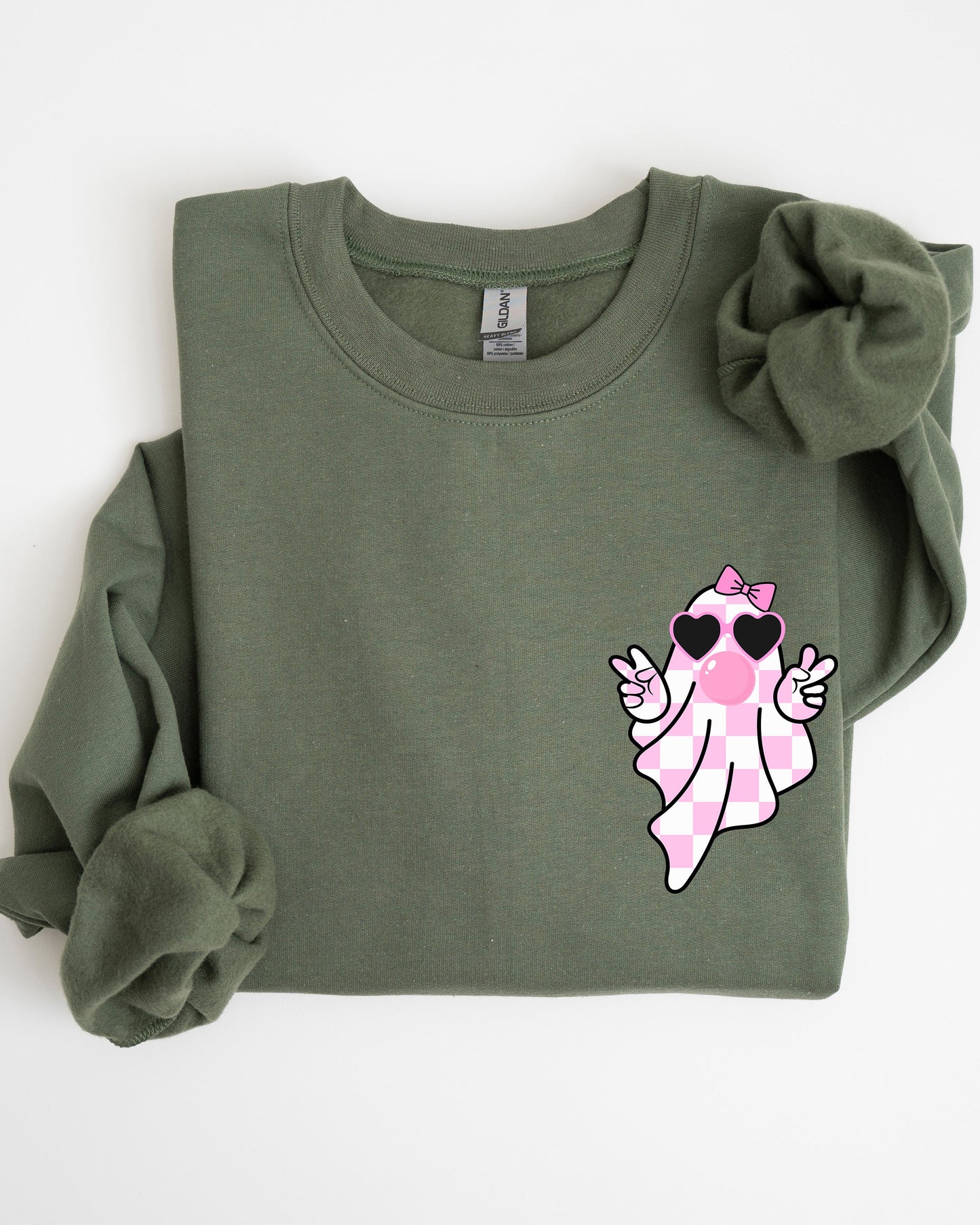 Pink Bubblegum Ghost Pocket Print Sweatshirt Halloween Peace Bow Ribbon