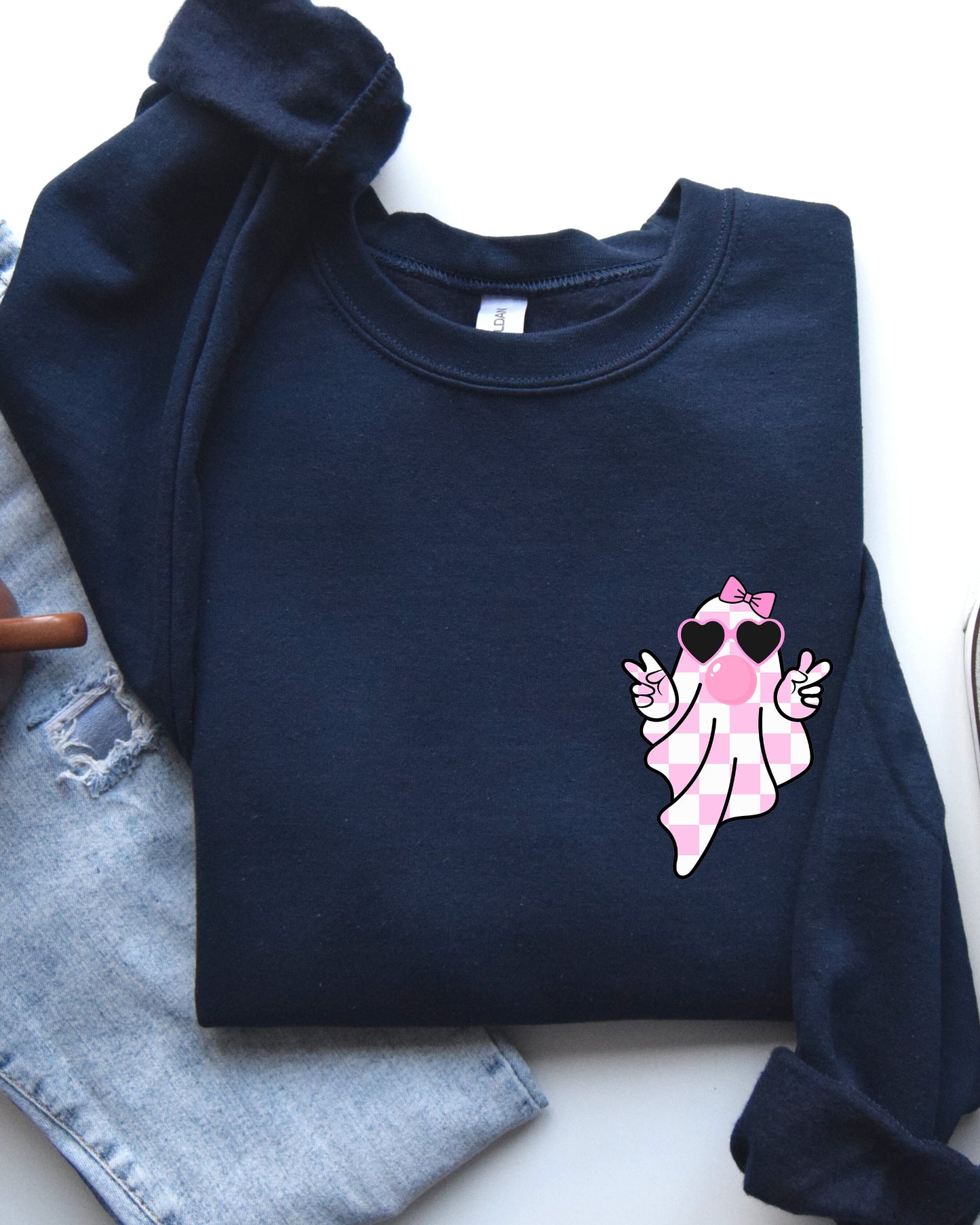 Pink Bubblegum Ghost Pocket Print Sweatshirt Halloween Peace Bow Ribbon