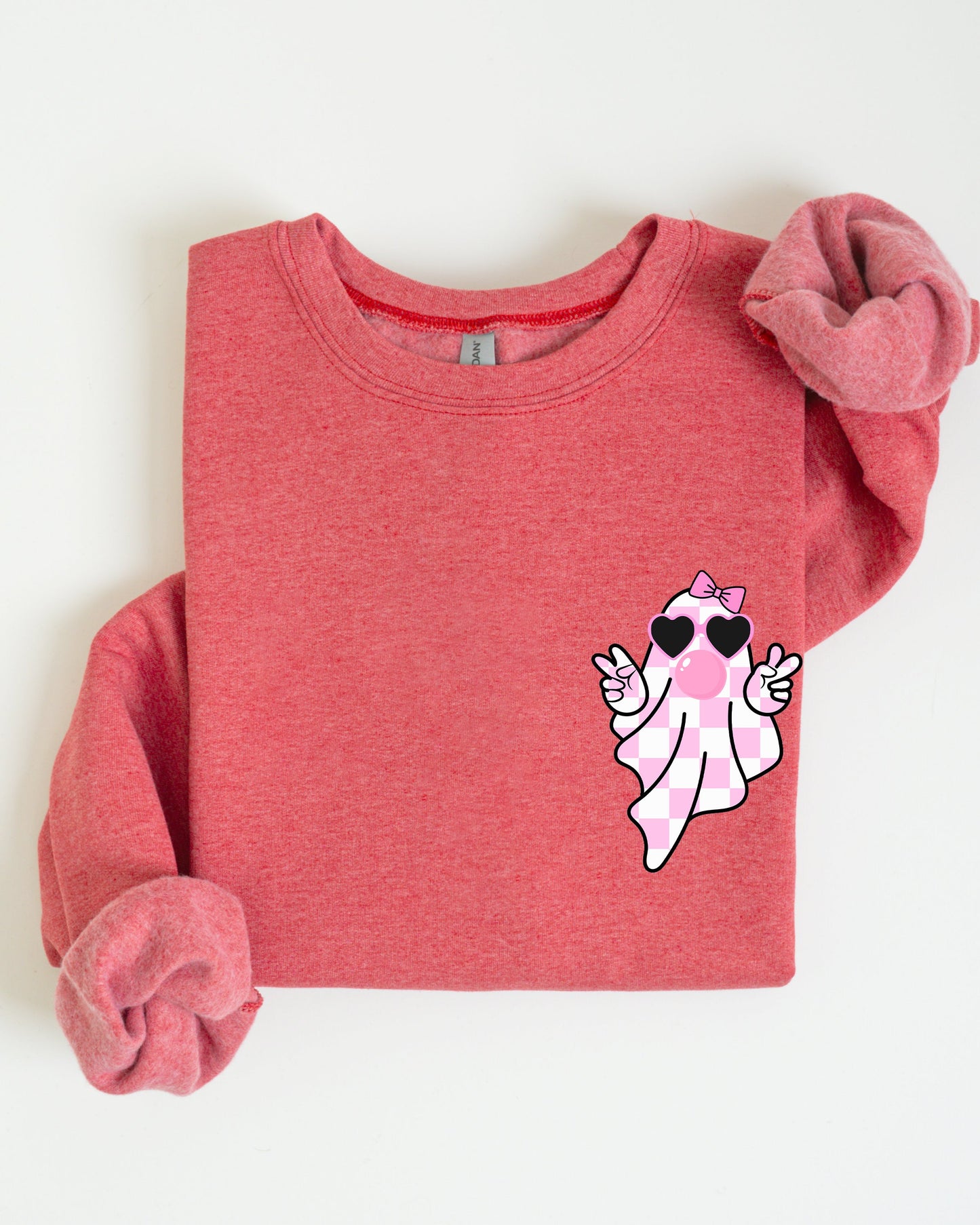 Pink Bubblegum Ghost Pocket Print Sweatshirt Halloween Peace Bow Ribbon